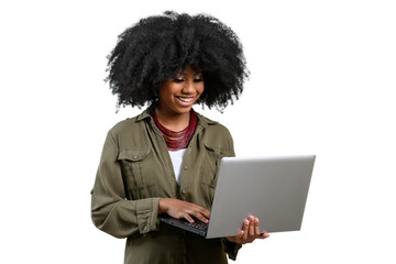 Obraz na płótnie Canvas woman holding laptop computer while typing on keyboard, young afro 