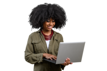 woman holding laptop computer while typing on keyboard, young afro 