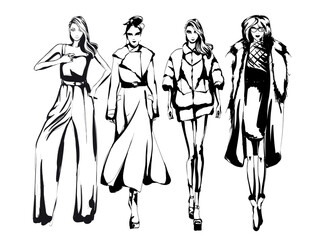 Set of young beautiful women in stylish clothes. Fashion sketch.
