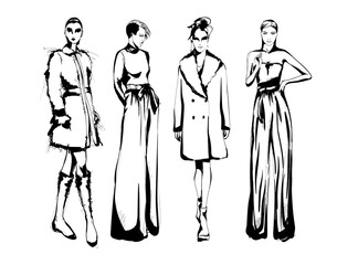 Set of young beautiful women in stylish clothes. Fashion sketch.