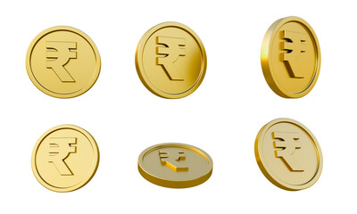 Set of gold coins with indian rupee sign 3d illustration, minimal 3d render illustration