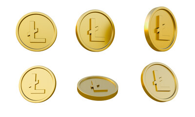 Set of gold coins with Litecoin sign or symbol 3d illustration, minimal 3d render.
