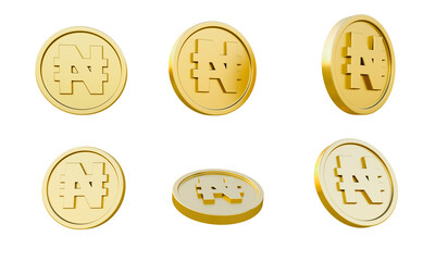 Set of gold coins with Naira currency sign or symbol 3d illustration, minimal 3d render.