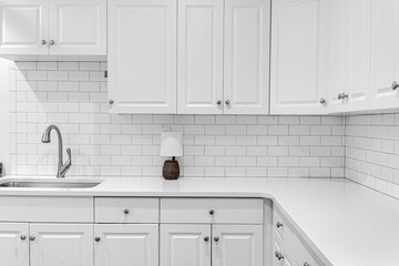 Modern grey and white kitchen interior empty subway tile
