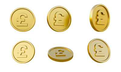 Set of gold coins with Pounds sterling currency sign or symbol 3d illustration, minimal 3d render.