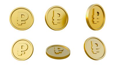 Set of gold coins with russian ruble currency sign or symbol 3d illustration, minimal 3d render.