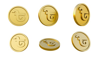 Set of gold coins with bangladeshi taka currency sign or symbol 3d illustration, minimal 3d render.