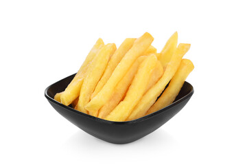 French fries in a black bowl isolated on white background.