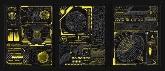 Retro futuristic posters with 3D wireframes of spheres and torus. Cyberpunk virtual interfaces, digital technology windows, perspective grids, print for t-shirt, hoodie or sweatshirt