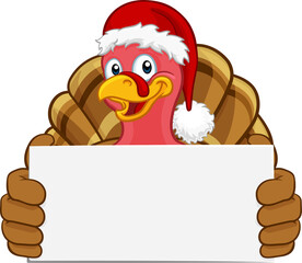 Turkey In Santa Hat Christmas Cartoon Holding Sign