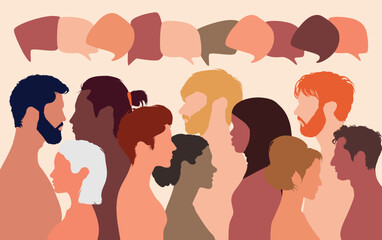 People talking in a crowd. Vector cartoon character profiles. Speech bubbles and communication between people. A diverse group of people in dialogue.