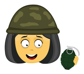 Vector emoji illustration of a yellow cartoon woman with a war helmet and a grenade in her hand