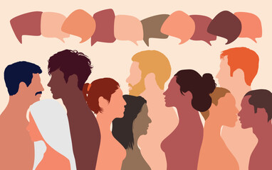 Communication between people in a crowd with a speech bubble. Vector cartoon people talking in a group.