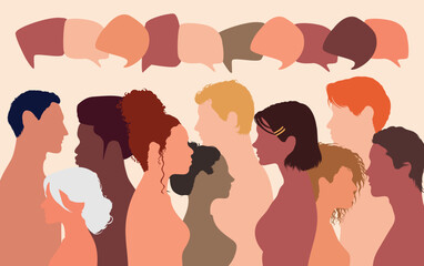 People talking in a crowd. Vector cartoon character profiles. Speech bubbles and communication between people. A diverse group of people in dialogue.