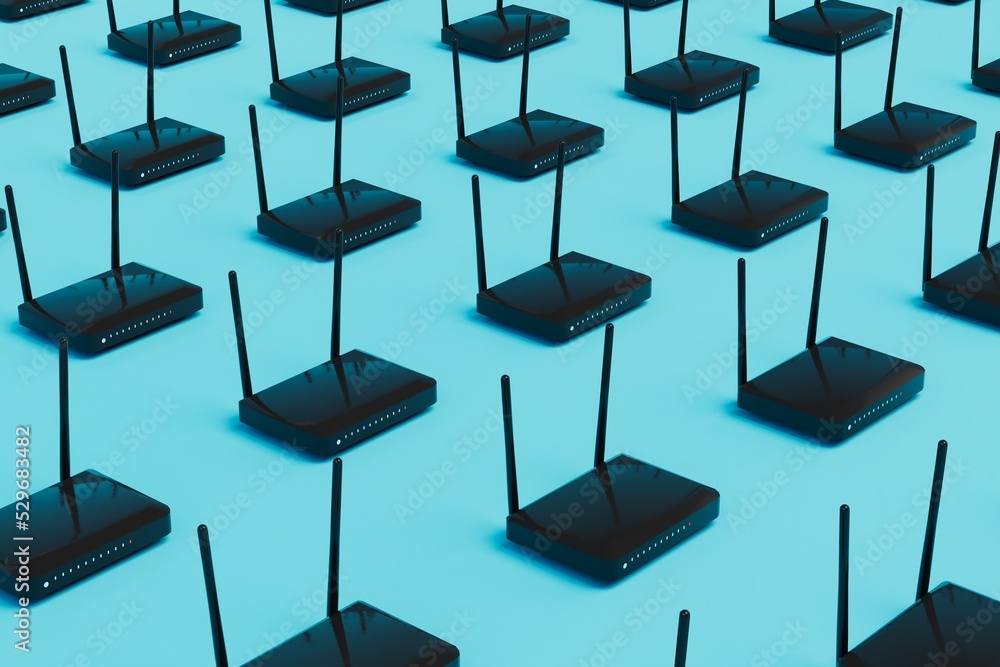 Aufkleber abstract background consisting of patterns of black wifi routers on a blue background. 3d render