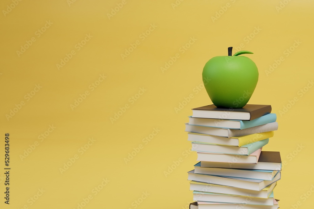 Poster return to learning. snack during study. a stack of books and an apple on a yellow background. copy p