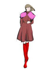 Young beautiful woman in winter clothes. Sale concept. Hand-drawn fashion illustration