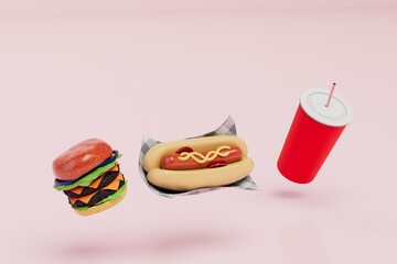 fast food snacks. cheeseburger, hot dog and cola on a pink background. 3d render