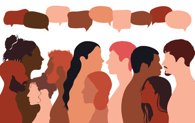 People talking in a crowd. Vector cartoon character profiles. Speech bubbles and communication between people. A diverse group of people in dialogue.