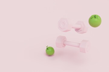 the concept of a healthy lifestyle and proper nutrition. apples and dumbbells. copy paste. 3d render