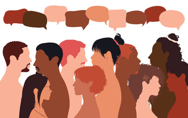 Communication between people in a crowd with a speech bubble. Vector cartoon people talking in a group.