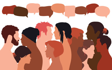 People talking in a crowd. Vector cartoon character profiles. Speech bubbles and communication between people. A diverse group of people in dialogue.