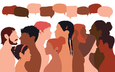 People talking in a crowd. Vector cartoon character profiles. Speech bubbles and communication between people. A diverse group of people in dialogue.