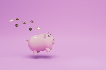 money storage concept. piggy bank into which dollars coins are pouring. copy paste, copy space. 3d render