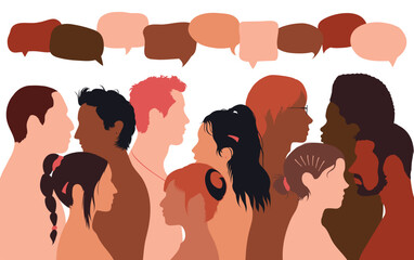 People talking in a crowd. Vector cartoon character profiles. Speech bubbles and communication between people. A diverse group of people in dialogue.