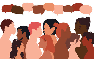 A concept of communication and social networking between multiethnic people. Community based online sharing. Colour clouds. Multiethnic speech bubbles.