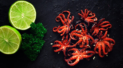 Fried mini octopuses, on black slate, with lime and parsley, close-up, top view, horizontal, no...