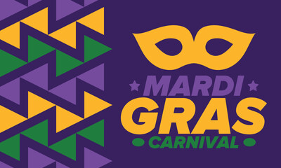Mardi Gras Carnival in New Orleans. Fat Tuesday. Traditional holiday, celebration annual. Folk festival, costume masquerade, fun party. Carnival mask. Poster, card, banner and background. Vector