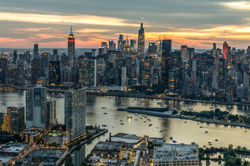 New York City Aerial view at sunset empire state building one vanderbilt, chrysler building fdr...