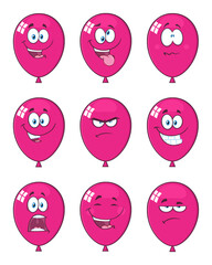 Violet Balloons Cartoon Mascot Character With Expressions. Hand Drawn Illustration Isolated On Transparent Background