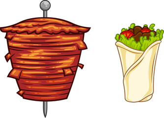 Cartoon Kebab On Skewer Grilling Meat And Doner Kebab. Hand Drawn Illustration Isolated On Transparent Background