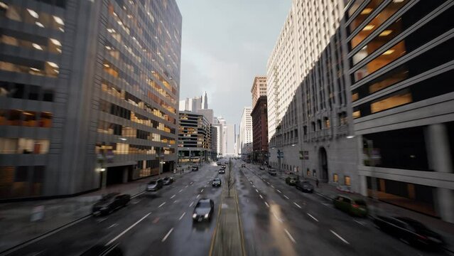 Low flying aerial dolly shot flying above multi lane highway through urban city center with skyscrapers