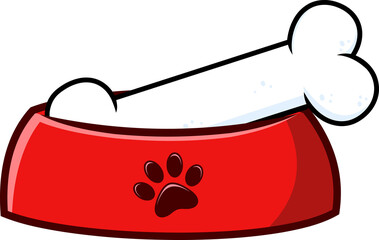 Red Dog Bowl With Bone Hand Drawing. Hand Drawn Illustration Isolated On Transparent Background