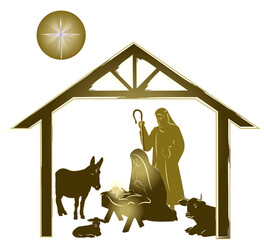 Nativity scene gold colour, with Jesus, Mary, Joseph and animals in a manger