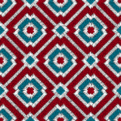 Embroidered seamless geometric pattern. Bohemian ornament for home textiles, pillows, blankets. Ethnic and tribal motifs. Vector illustration.