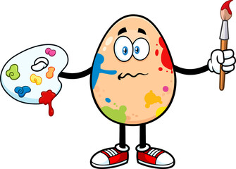 Confused Egg Cartoon Character Spattered and Holding A Paintbrush And Palette. Hand Drawn Illustration Isolated On Transparent Background
