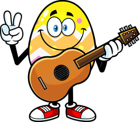 Easter Egg Cartoon Character With Guitar Showing Peace Hand Sign. Hand Drawn Illustration Isolated On Transparent Background