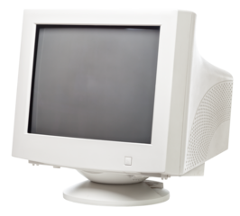 Vintage CRT computer monitor with black screen isolated on white background