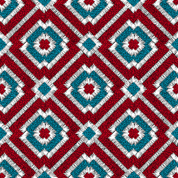 Embroidered seamless geometric pattern. Bohemian ornament for home textiles, pillows, blankets. Ethnic and tribal motifs. Vector illustration.
