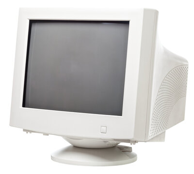 Vintage CRT computer monitor with black screen isolated on white background