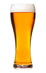 Full pilsner glass of pale lager beer with a head of foam isolated on white background - obrazy, fototapety, plakaty
