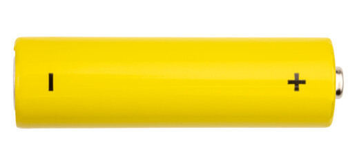 Top view of yellow AA alkaline battery (Mignon) or NiMH rechargeable cell isolated on white background - obrazy, fototapety, plakaty