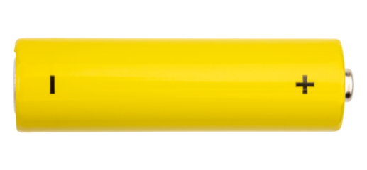 Top view of yellow AA alkaline battery (Mignon) or NiMH rechargeable cell isolated on white background