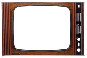 Front panel of vintage veneer decorated CRT television set made in USSR with cut out screen and controls isolated on white background - obrazy, fototapety, plakaty