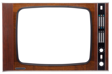 Front panel of vintage veneer decorated CRT television set made in USSR with cut out screen and controls isolated on white background