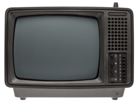 Vintage portable black and white CRT TV receiver isolated on white background. Retro technology concept